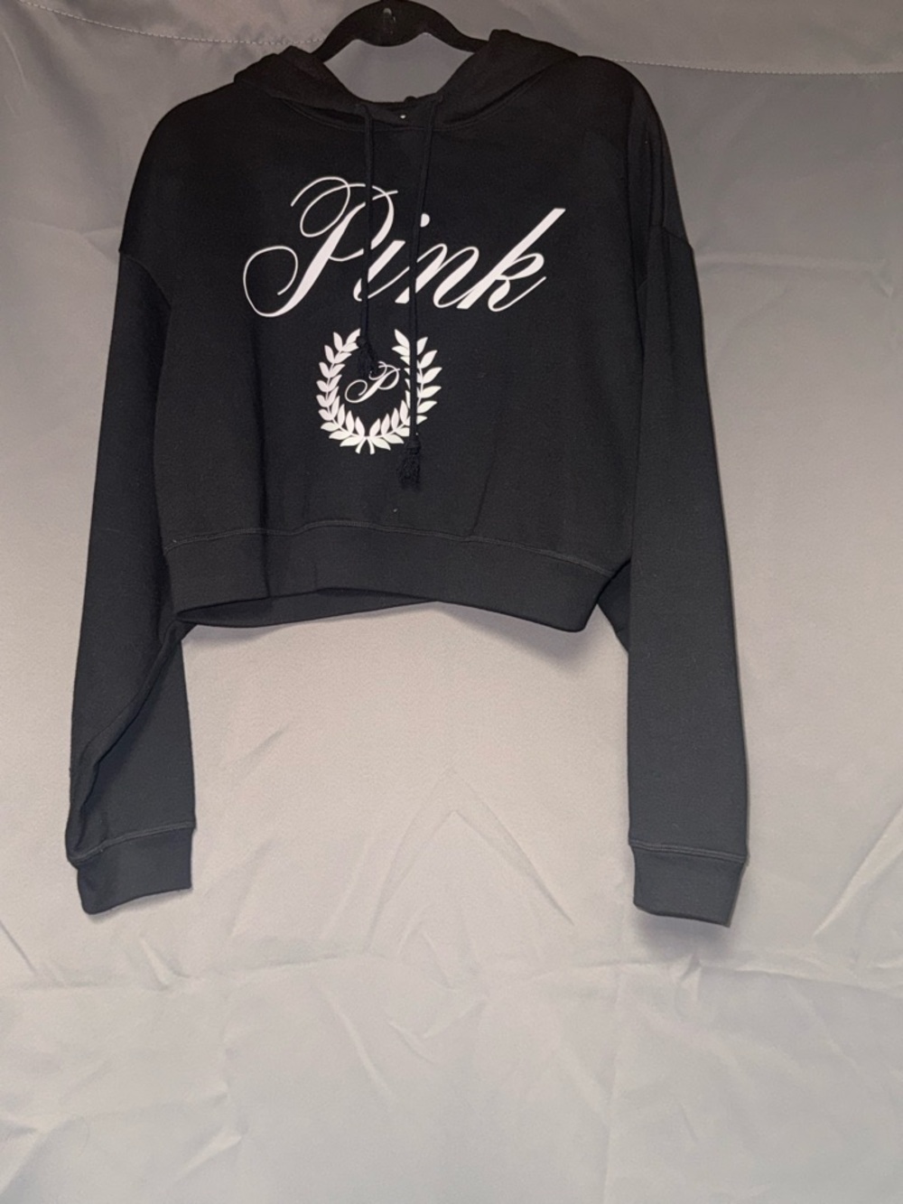 PINK Victoria's Secret Black Cropped Hoodie with White Script Logo